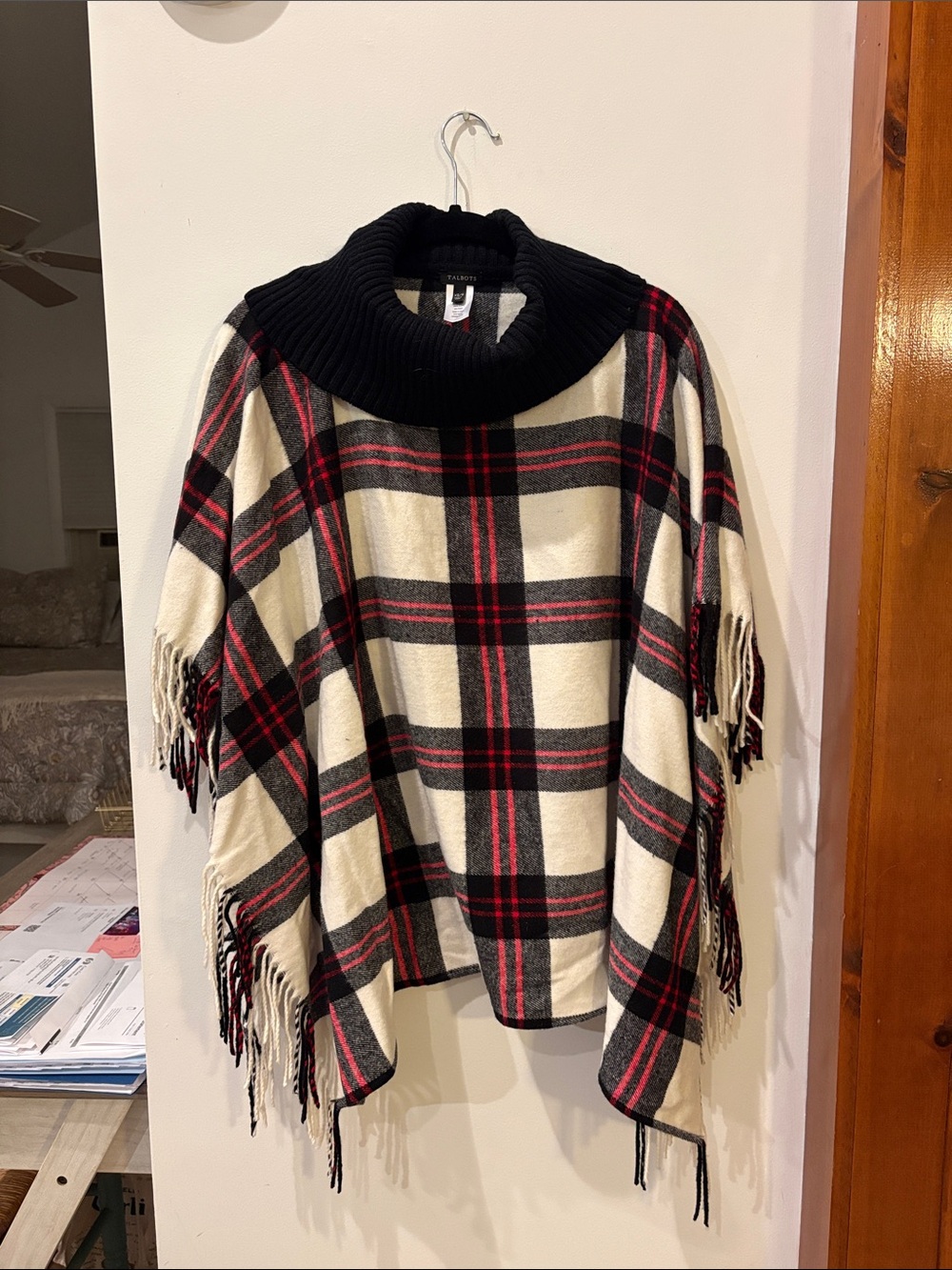Talbots Black/Red/WhitePlaid Fringe Poncho with Turtleneck,XS/S,NWT